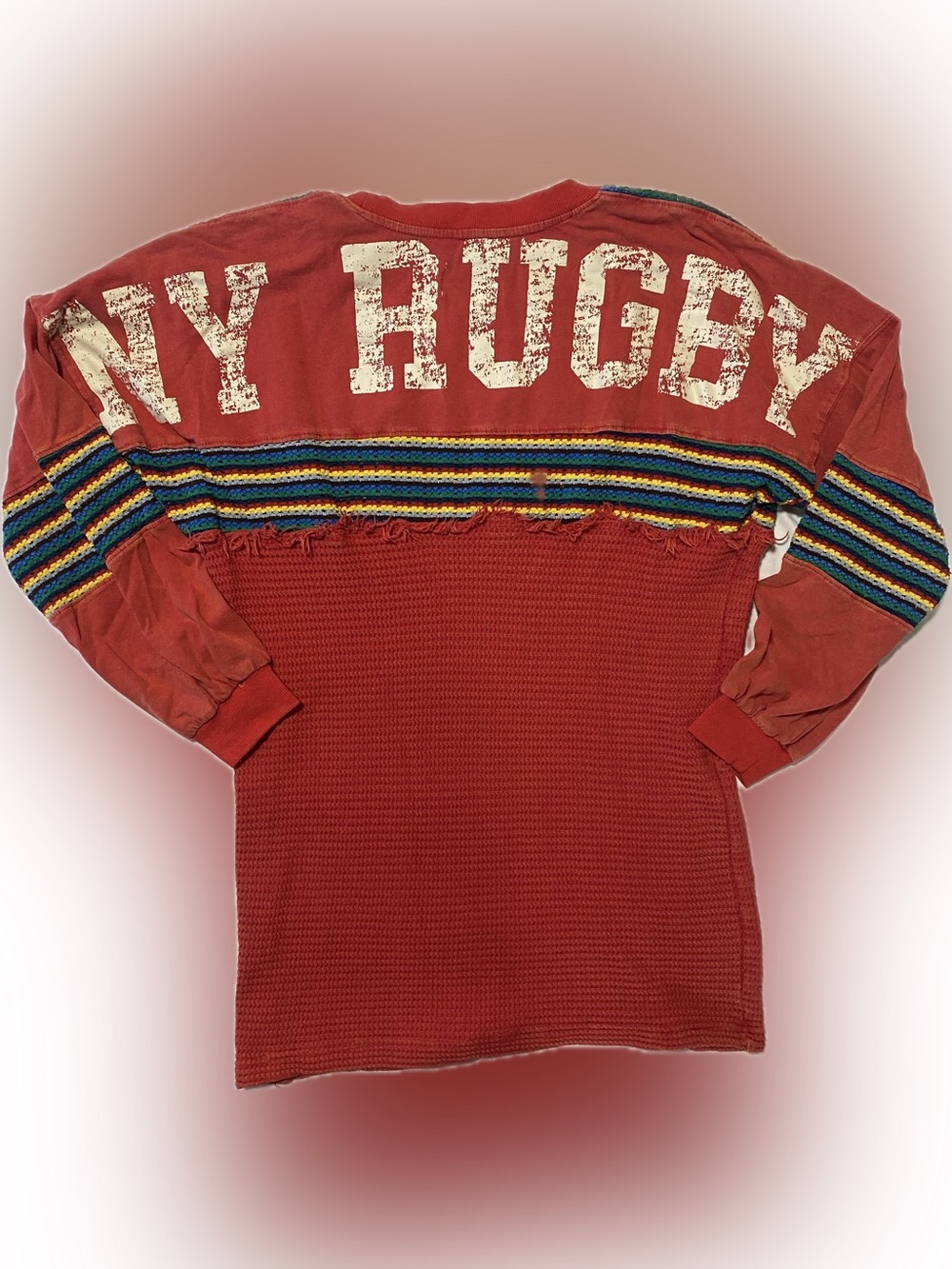 BDG Red NY Rugby Long Sleeve Waffle Knit Top with Striped Detail